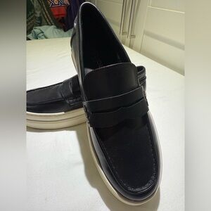 J Slides Black Leather Penny Loafers with White Platform Sole